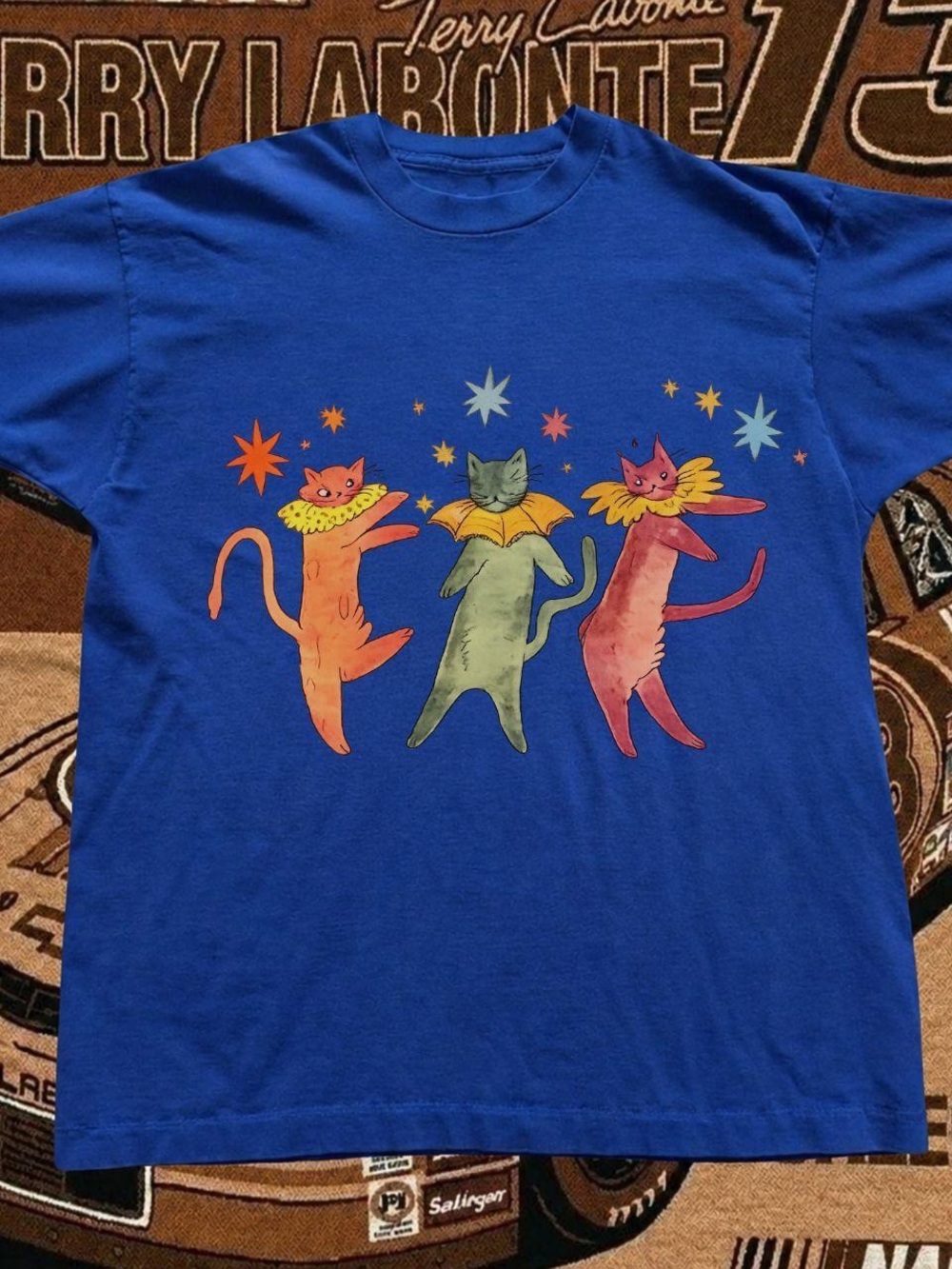 Blue Cat Graphic T-Shirt with Colorful Dancing Cats